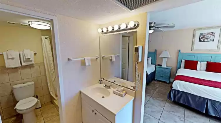 Full bath with a step0-in shower and vanity area.